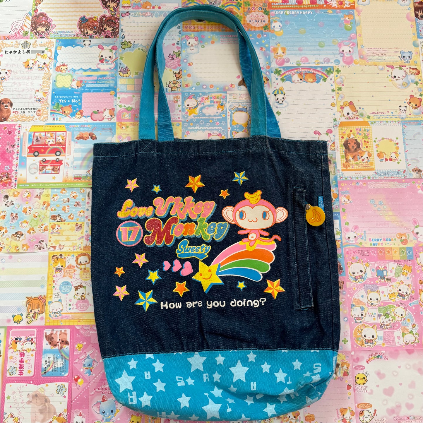 Love Ukkay Monkey Denim Tote Bag